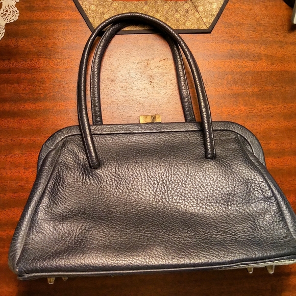 Vintage Navy Blue Leather Clasp Handbag 1960s - Picture 4 of 11